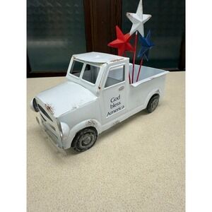 White Metal Pickup Truck Decorative Accent God Bless America Stars